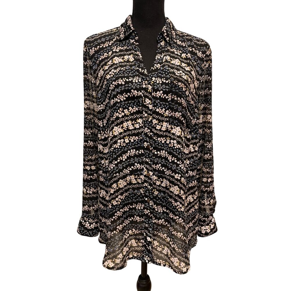 floral print lightweight long sleeve button front blouse split back
